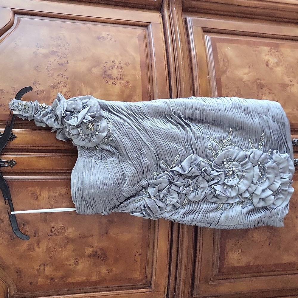 Terani Couture Silver Beaded One Shoulder Satin Cocktail Dress Metallic 2